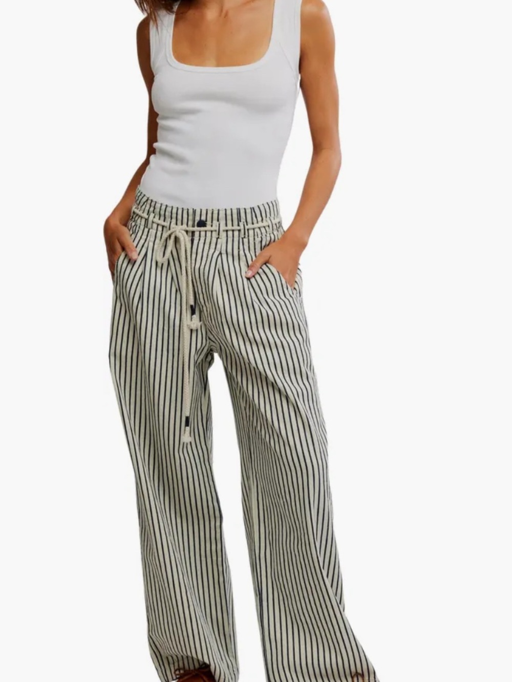 Striped Drawstring Wide-Leg Pants - Black on Cream